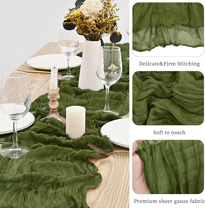 10 Pack Olive Green Table Runner 10Ft Cheesecloth Table Runner Boho Gauze Cheese Cloth Table Runners Romantic Long Sheer Fabric Table Runners for Wedding Party Bridal Shower