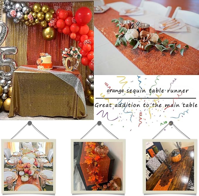 2 Pack Orange Sequin Table Runner 12 x 72 Inch - High Density Sparkly Glitter Table Runners for Thanksgiving Dinner, Halloween Party, Citrus Theme , Fiesta, Shimmering Orange Decor