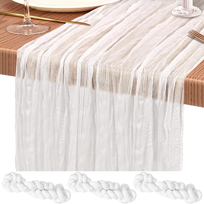 3 Pack Cheesecloth Table Runner 10FT White Table Runner Boho Gauze Cheese Cloth Table Runners Long Rustic Sheer Table Decorations for Wedding Party Baby Bridal Shower Birthday Holiday Home