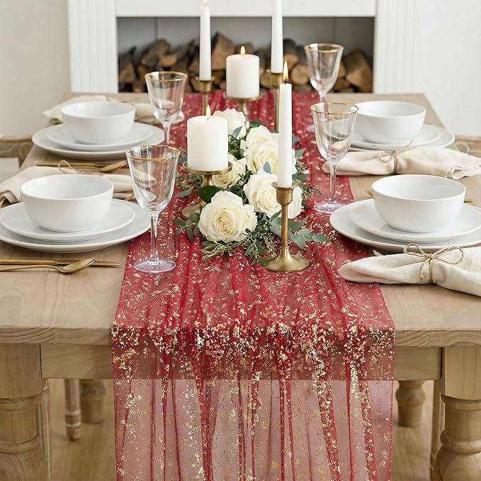Artoid Mode Red Gold Gauze Table Runner 59x120 Inch 10FT, Glitter Metallic Foil Sheer Dining Wedding Anniversary Holiday Table Decor for Home Party