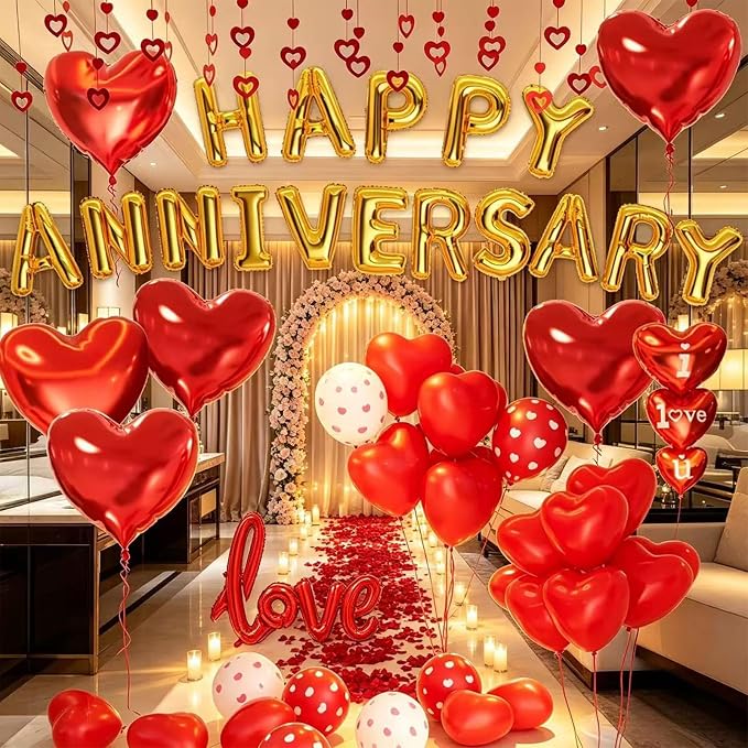 Happy Anniversary Decorations, Red Heart Balloons, Happy Anniversary Banner, Heart Hanging String, Rose Petals, Romantic Decor for Wedding, Valentines Day