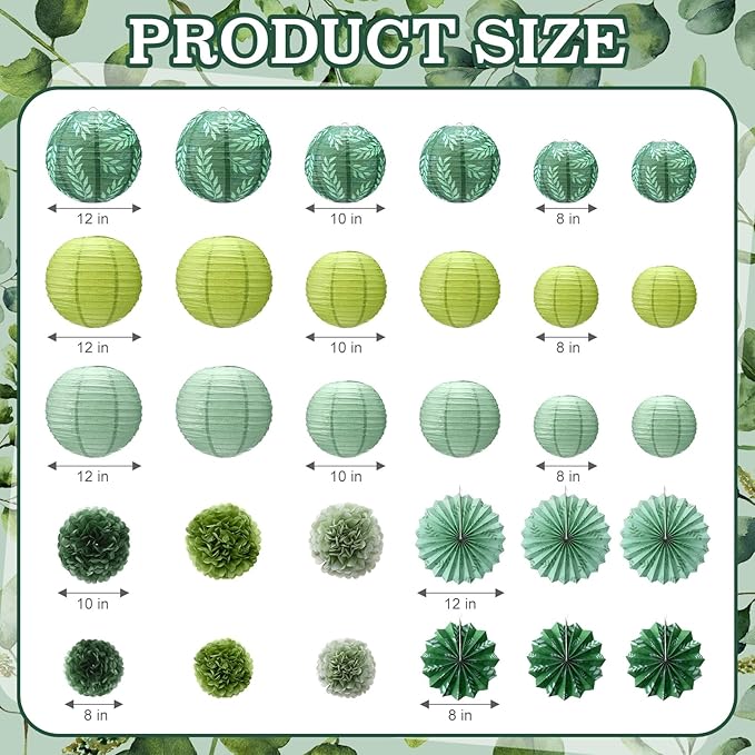 Soulchen 18 Pcs Greenery Classroom Decor Sage Green Paper Lanterns Set Classroom Ceiling Hanging Decorations Hanging Greenery Tissue Pom Poms Fans Decor for Neutral School Boho Birthday Party