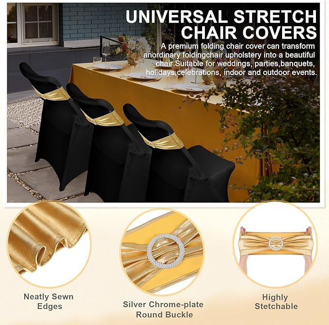 Preboun 50 Pack Folding Chair Cover Set with 25 Spandex Chair Slipcovers 25 Sequin Chair Sashes Bow Washable Chair Protector Chair Cover for Party Wedding Banquet Event (Black and Gold)