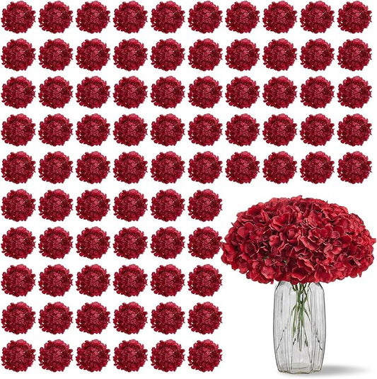 100 PCS Burgundy Hydrangea Artificial Flowers, Silk Full Flowers Heads with Stems for Wedding Centerpieces, Home, Garden, Baby Shower, Party Decoration