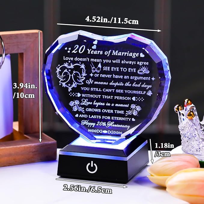 Arikyrist 20th Wedding Anniversary Crystal Heart Gifts for Couples, Laser Engraved Romantic 20 Year Anniversary Crystal Keepsake Gifts for Wife Husband, 20 Years of Marriage Gift for Her Him Friends
