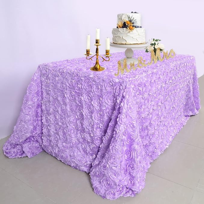 Fanqisi 50x102 Inches Rosette Satin Tablecloth Lavender Rosette Tablecloth 3D Rosette Table Line Rectangle Table Cover Wedding Party Baby Shower Decor