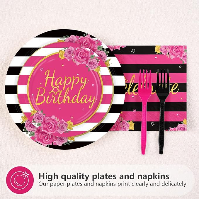 96Pcs Black and Pink Birthday Party Supplies Happy Birthday Plates and Napkins Hot Pink Rose Black White Stripe Tableware Set for Girls Women Couple Birthdays Party Supplies Serves 24