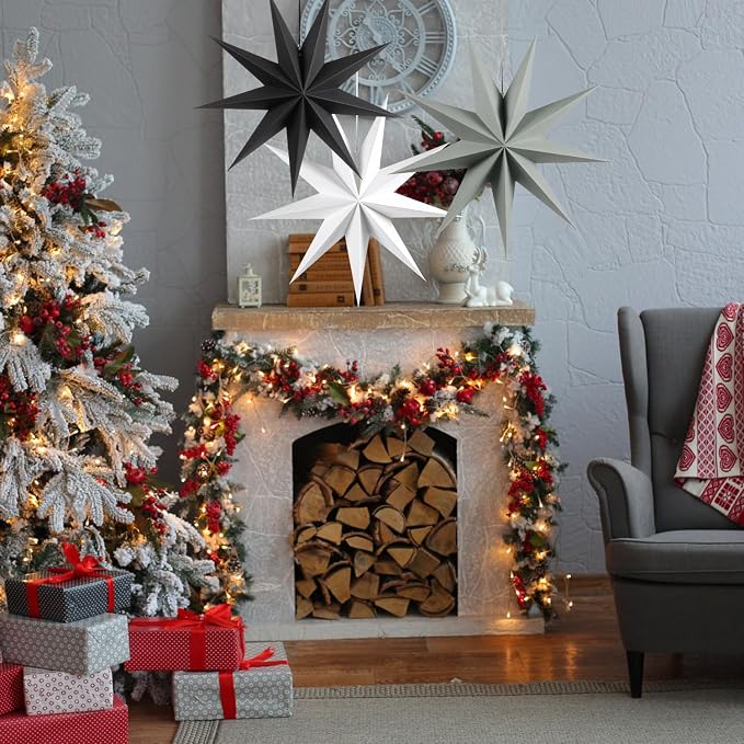 SUNBEAUTY 3 Pcs 9-Pointed Paper Star Lanterns 12 Inch Hanging Lampshade Wedding Birthday Christmas Home New Year Party Decorations