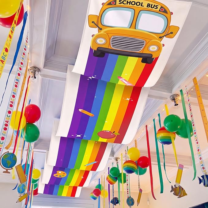 Feifeiya 3 Pcs 36 ft Rainbow Back to School Hanging Ceiling Decor Rainbow Cloud and Bus Ceiling Banner Hanging Bunting for Back to School VBS Birthday Party