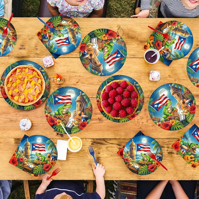 96Pcs Puerto Rico Party Decoration Flag Frog Plates and Napkins Coqui Frog Tableware Set for Puerto Rico Holiday Family Gathering Birthday Fiesta Theme Party Supplies, Serves 24