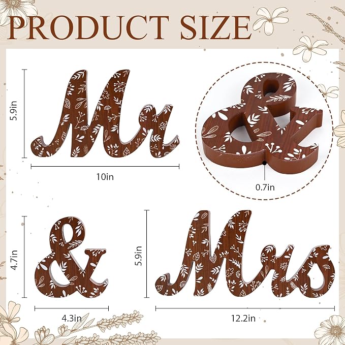 Mr & Mrs Sign for Wedding Table Blue Floral Wedding Decorations for Reception Rustic Wooden Freestanding Letters Table Centerpieces Wooden Photo Booth Props for Wedding Bridal Anniversary Supplies (Brown)