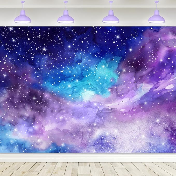 Starry Sky Backdrop Watercolor Romantic Outer Space Galaxy Universe Planet Night Star Deep Purple Blue Photography Background Decoration for Kids Birthday Fabric Photo Shoot Studio Props