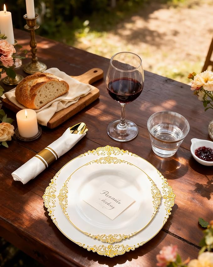 Nervure 175PCS Ivory Plastic Plates - Ivory Gold Plastic Dinnerware Sets for 25 Guests - 50 Gold Disposable Plates, 25 Pre Rolled Cutlery Set, 25 Cups Perfect for Wedding, Party & Mothers Day