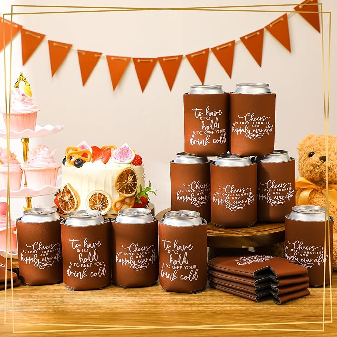 Qinyoung 50 Pieces Chocolate Wedding Can Cooler Sleeves Bulk Engagement Party Favors for Guests Cheers to Love Laughter and Happily Ever After Rehearsal Dinner Decorations for Wedding Bridal