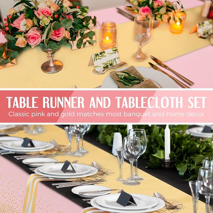 Tudomro 16 Pieces Pink and Gold Disposable Plastic Tablecloths and Satin Table Runner Set 54x108 Inch Tablecloth 12x108 Inch Table Runners for New Year Wedding Birthday Baby Shower Graduation
