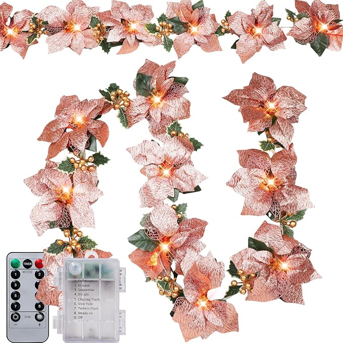 Zubebe 2 Pcs Prelit Poinsettia Christmas Garland with String Lights Glitter Holly Leaves Berries Remote Timer 8 Modes 6.5 ft Lighted Flower Garland Battery Operated Indoor Outdoor Decor(Rose Gold)