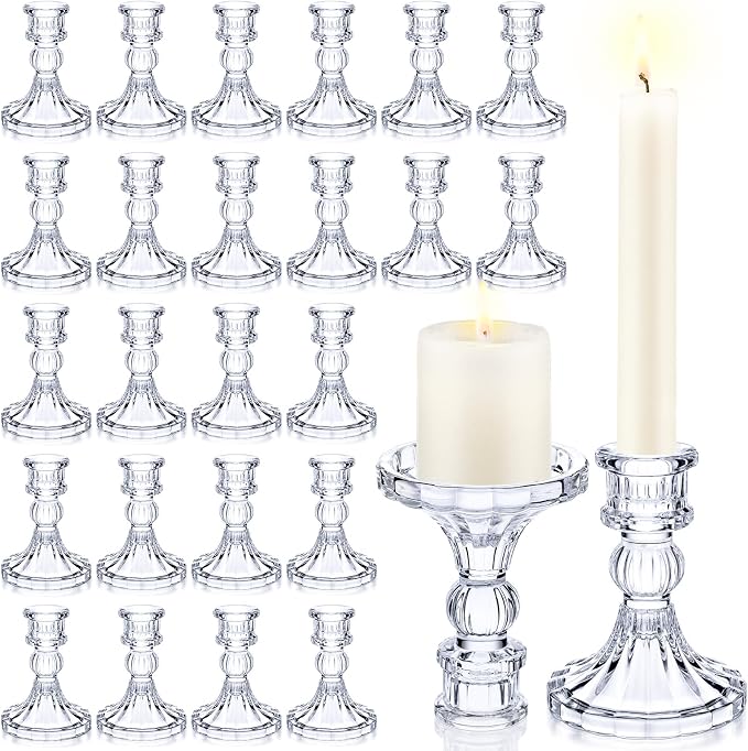 Sieral 24 Pcs Clear Taper Candle Holders 4'' Tall Candlestick Glass Holders Bulk Stripe Decorative Stand Wedding Stick Holder for Anniversary Party Dining Table Festival Decor