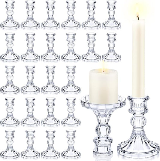 Sieral 24 Pcs Clear Taper Candle Holders 4'' Tall Candlestick Glass Holders Bulk Stripe Decorative Stand Wedding Stick Holder for Anniversary Party Dining Table Festival Decor