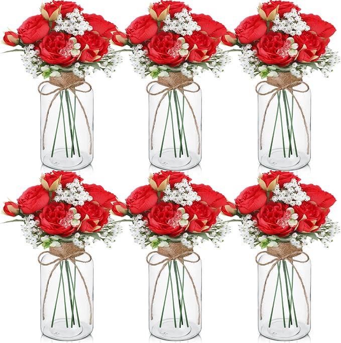 Zeyune 6 Sets Mason Jar Table Centerpiece with Artificial Peony Baby's Breath Flower Centerpieces Faux Flowers with Rope for Wedding Reception Engagement Bridal Shower Rustic Table Decor(Red)
