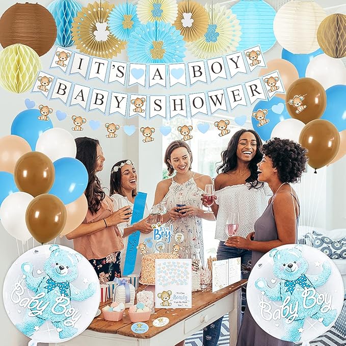210 PC Teddy Bear Baby Shower Decorations for Boy Kit- It's a BOY Pre-Strung Banners, Garland, Streamers Guestbook Mommy Sash Blue Brown Balloons Cake Toppers Paper Fans Lantern Games & Favor Stickers