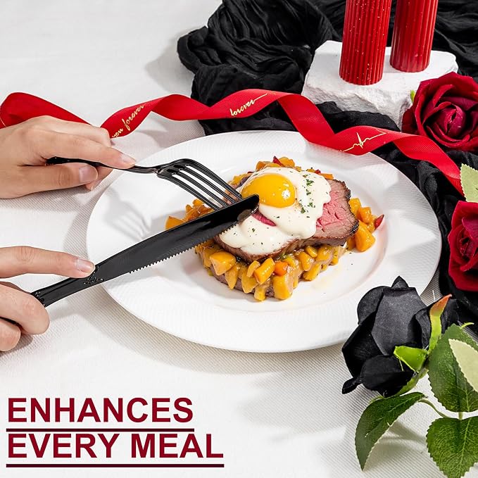 150PCS Black Plastic Silverware - Heavy Duty Disposable Cutlery Sets - Fancy Plastic Utensils Flatware Include 50 Forks, 50 Spoons, 50 Knives for Catering Dinners Wedding Party