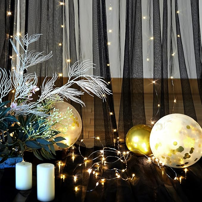 10×12ft Black Sheer Backdrop Curtains with Lights String for Parties Birthday Black Tulle Backdrop Curtain for Baby Shower Wedding Graduation Halloween Party Photo Shoot Decorations 2 Panels 5×12ft
