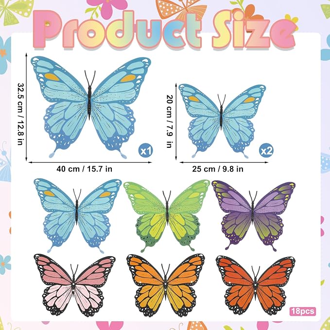 18 Pcs Large Butterfly Party Decorations 3D Colorful Paper Pastel Butterfly Hanging Decoration 2 Sizes Paper Butterflies Birthday Party Supplies for Wedding Baby Shower Room Ceiling Decor