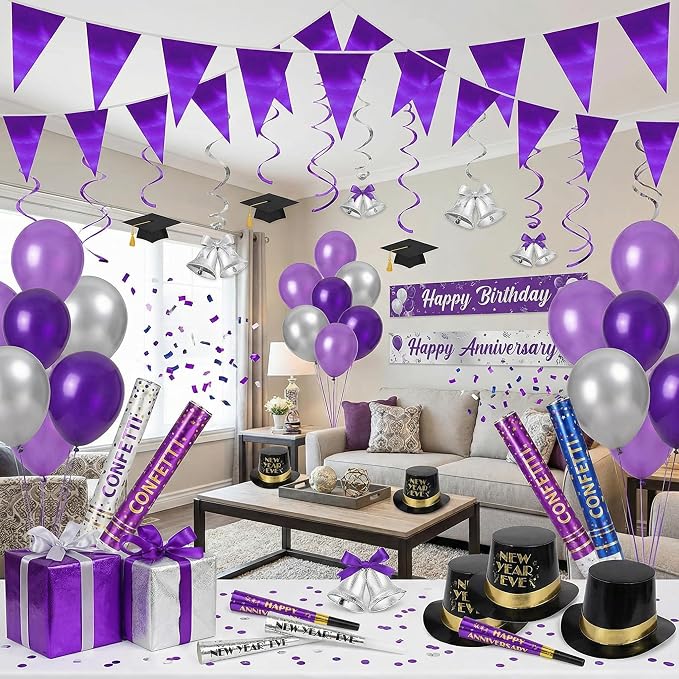 40M/130FT Purple Triangle Pennant Banner Flag Metallic Fabric Bunting Garland for Christmas Graduation Wedding Engagement Anniversary Bachelorette Birthday Bridal Shower Valentines Hen Party Supplies
