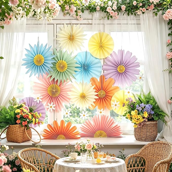 PAPER JAZZ 12pcs Pastel Paper Flower Decorations - Daisy Paper Fan Backdrop for Birthday Party, Baby Shower, Wedding, Spring & Summer Events,Spring Hanging Flower for Classroom Garden