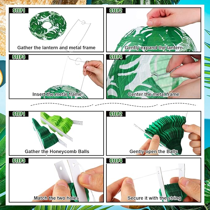 Retisee 18 Pcs Summer Tropical Party Decoration Palm Leaf Hanging Paper Lantern Rose Red and Green Honeycomb Fans Honeycomb Ball for Hawaii Theme Luau Party Ceiling Decor Supplies