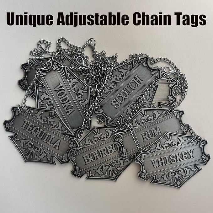 8PCS Liquor Decanter Tags-Gin, Vodka, Bourbon, Whiskey, Brandy, Rum, Scotch, Tequila/Adjustable Chain Bottle Labels/Silver