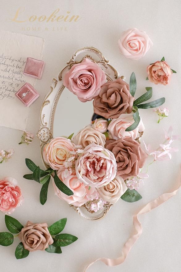 Lookein Artificial Flowers Combo Box for DIY Wedding Bouquets, Centerpieces, Arrangements, Party & Home Decor - Silk and Foam Flowers with Stems, Belle Blush
