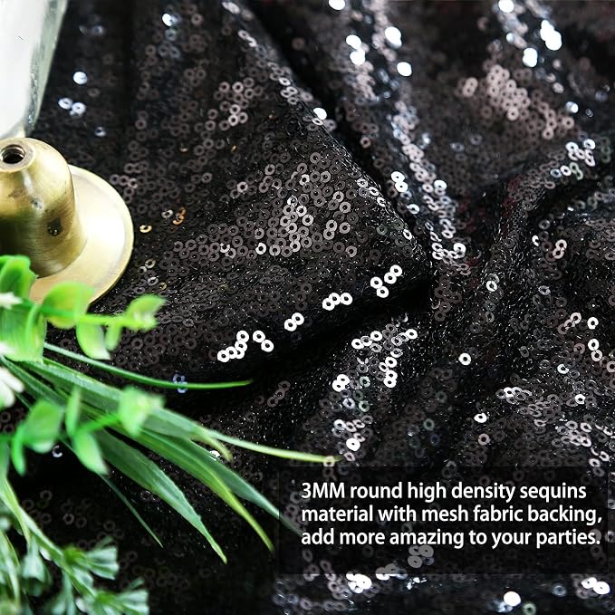 B-COOL Seamless Sequin Table Cloth Black Glitter Design Table Cloth Wedding Overlay Birthday Party Tables Decoration Fabric 90x132-inch (Black)
