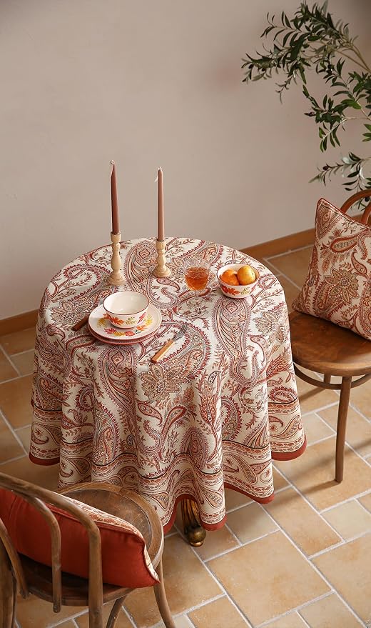 ISAENNE Designer Vintage Round Linen Tablecloth,Diameter 67"-Chauffrey D | Vintage French Table Cloth Round Table,Cashew Pattern,Durable,Heavyweight,Dining Room,Kitchen,Tea Party,Thanksgiving