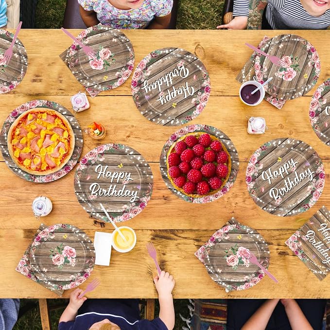 96Pcs Wooden Birthday Party Supplies Wooden Butterfly Happy Birthday Plates and Napkins Wood Grain Pink Rustic Tableware Set for Girls Floral Baby Shower Party Decorations Serves 24