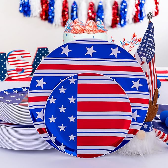 FLOWERCAT 60PCS 4th of July Plates & Red White Blue Plates for Independence Day - Patriotic Plastic Plates Include 30PCS 10.25inch Dinner Plates and 30PCS 7.5inch Dessert Plates