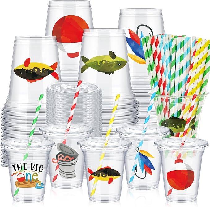 Qinyoung 60 Sets Watercolor Gone Fishing Party Cups with Lids and Paper Straws 14 oz Disposable Clear Plastic Cups Bulk for Gone Fishing Birthday Party Favor Supplies Decorations