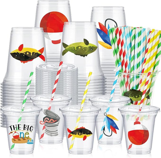 Qinyoung 60 Sets Watercolor Gone Fishing Party Cups with Lids and Paper Straws 14 oz Disposable Clear Plastic Cups Bulk for Gone Fishing Birthday Party Favor Supplies Decorations