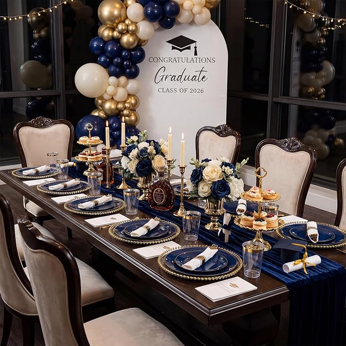 KIRE 350Pcs Blue and Gold Plates -Heavy Duty Navy Blue Dinnerware Set - 100 Plastic Plates 50 Pre Rolled Napkins with Gold Plastic Silverware 50 Cups for Birthday/Wedding/Parties/Graduation