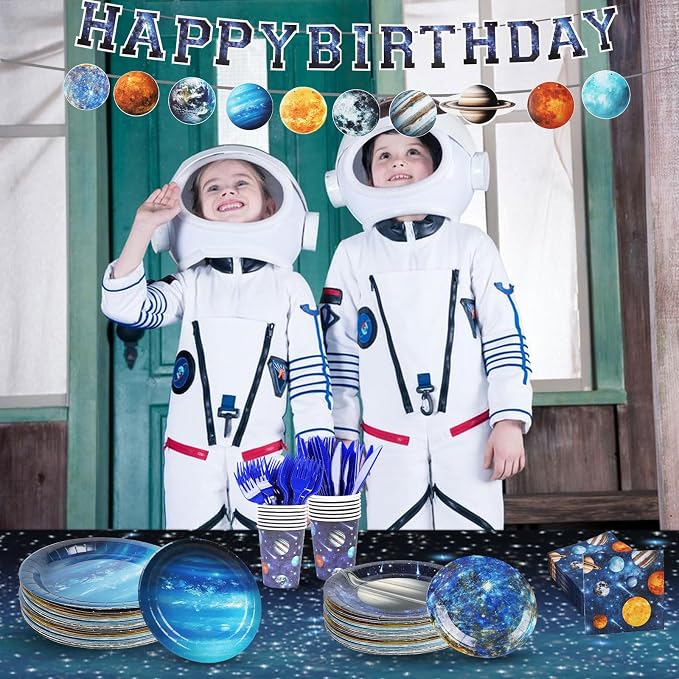 Space Theme Party Decorations,182pcs Galaxy Planet Outer Space Disposable Plates and Napkins Tableware Set,for Space Solar System Planets Baby Shower Birthday Party Decorations,Serve 30