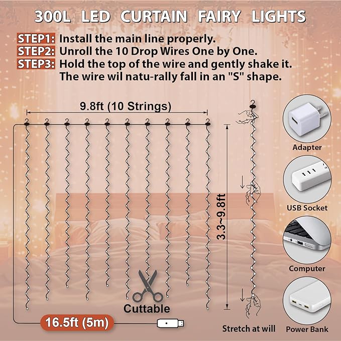 HXWEIYE 300LED Fairy Curtain Lights, 9.8x9.8Ft USB Plug-in 8 Modes Christmas String Hanging Lights with Remote for Bedroom Backdrop Wedding Indoor Wall Decor, Orange, Standard – 1 Pack