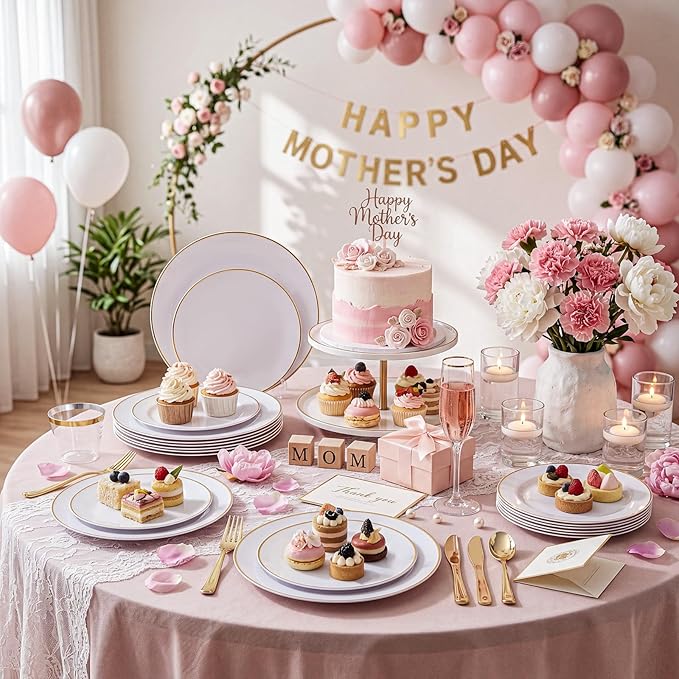 KIRE 175PCS Gold Plates Disposable - Heavy Duty White and Gold Plastic Plates Dinnerware Sets - 25 for Dinner 25 for Dessert 25 Pre Rolled Napkins and 25 Cups for Birthday/Ramadan/Wedding/Mother's Day