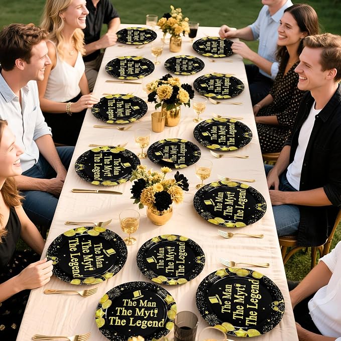 96 Pcs The Man The Myth The Legend Party Decorations Mens Birthday Plates and Napkins Disposable Black and Gold Tableware Set for Fathers Day Birthday Retirement Party Supplies Serves 24