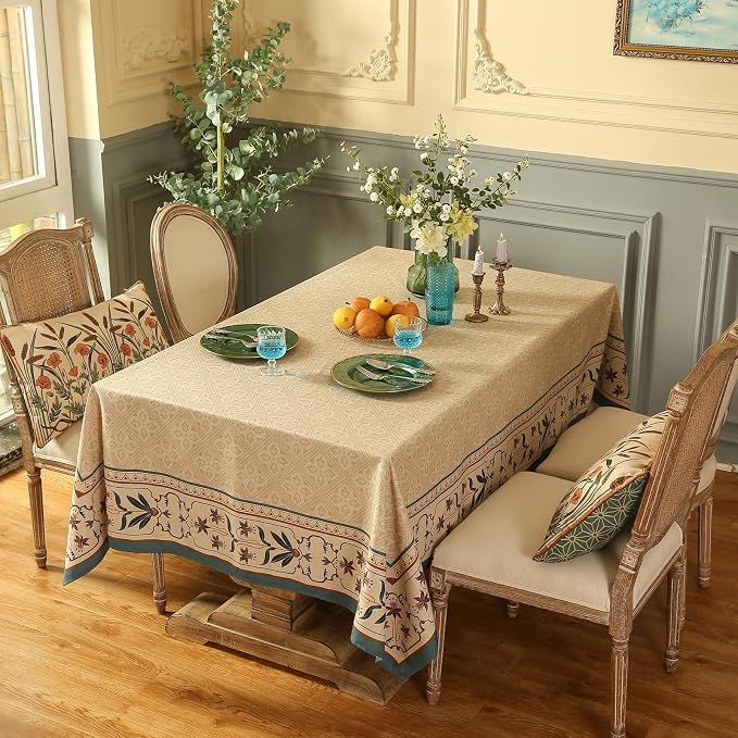 patdrea Designer French Linen Tablecloth,Square,55"x55"-Fram | Elegant Durable Table Cloth for Square Table,Vintage Block Print,for Dining Room Tea Party Thanksgiving,Beige