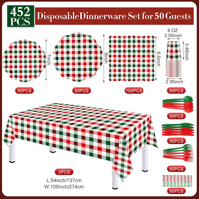 Funnymoom 452 Pcs Red and Green Christmas Buffalo Plaid Party Supplies for 50, Scalloped Christmas Gingham Plaid Paper Plates Napkins Cups Tablecloth Cutlery Straws for Rustic Holiday Party Decoration
