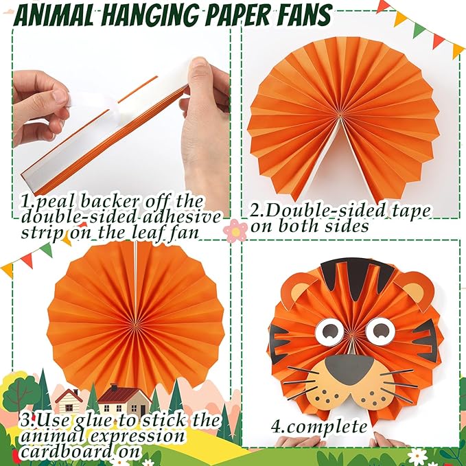 20 Pcs Jungle Animal Hanging Paper Fans Decorations, 12 Inches, Jungle Safari Animal Theme Paper Fan Ceiling Decoration for Safari Wild Zoo Baby Shower Birthday Party Decor