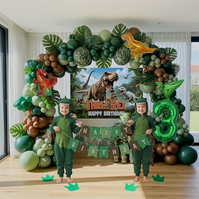 T-Rex Dinosaur Birthday Decorations include Dark Green Brown Gold balloon arch & small Dino Foil balloons & banner backdrop & footprint stickers for Kids Boys Jungle Safari Dino 3rd Party Supplies