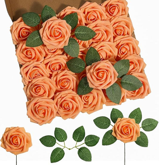 DuHouse 25Pcs Artificial Roses Flowers Fake Rose with Stems Real Touch Foam Flowers for DIY Wedding Bouquet Party Centerpiece Floral Arrangement Party Home Decor(Peach Fuzz)