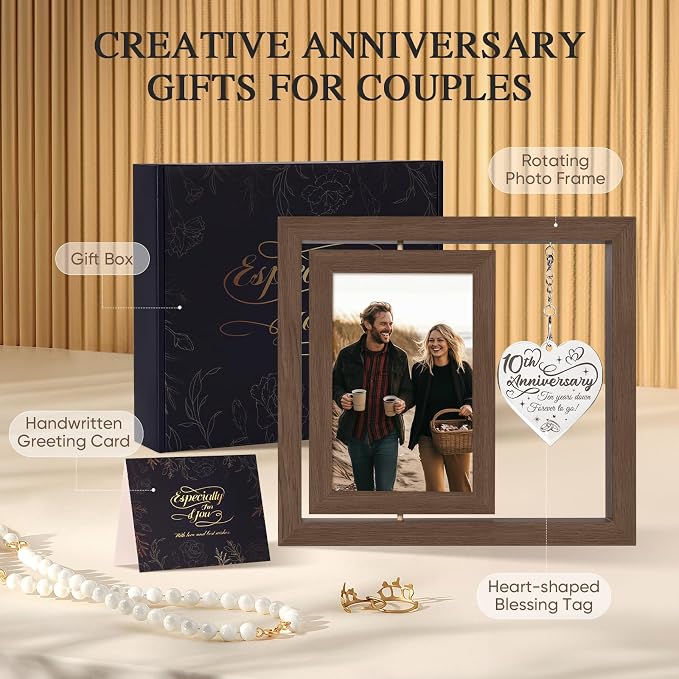 10 Year Anniversary Picture Frame Gifts for Him Her Couple Men Women Husband Wife, 10th Anniversary Wedding Gifts, Anniversary Wood Tin Gift, Traditional Ten Year tenth Anniversary Personalized Gift