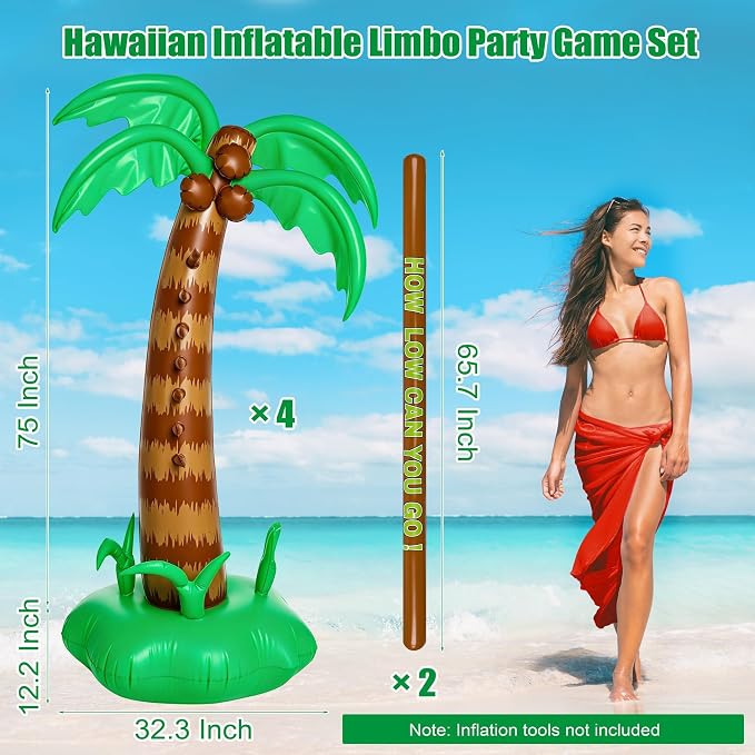 75 Inch Hawaiian Inflatable Limbo Party Game Set Palm Tree Limbo Outdoor Toys Tropical Theme Fun Pole for Summer Outdoor Beach Pool Birthday Party Activities